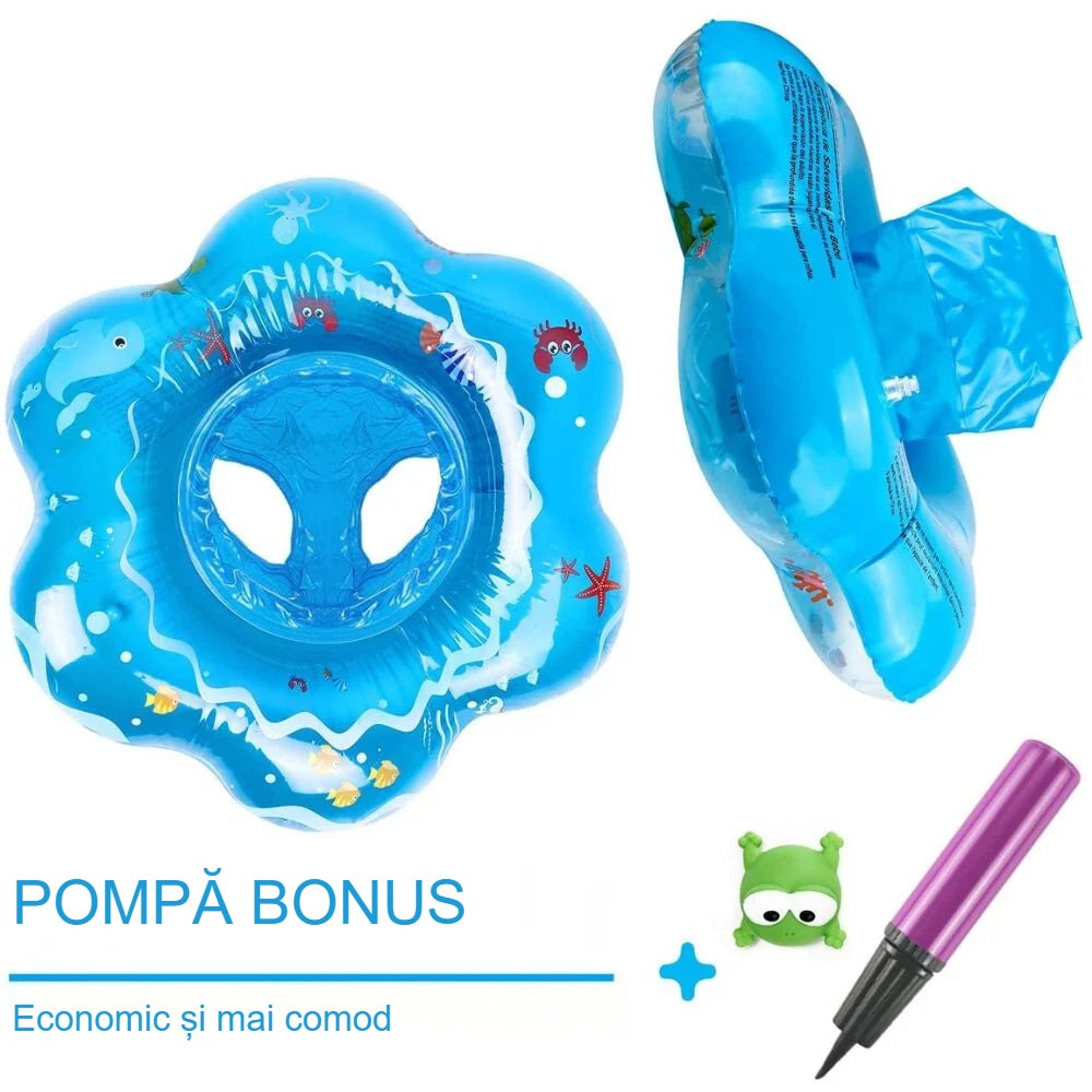 Colac de înot cu scaun pentru bebeluși, alături de pompa manuală și broscuță