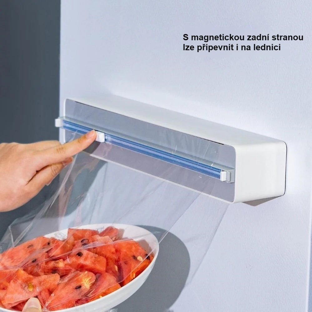 Magnetická řezačka fólie na lednici, zakrývání mísy s krevetami