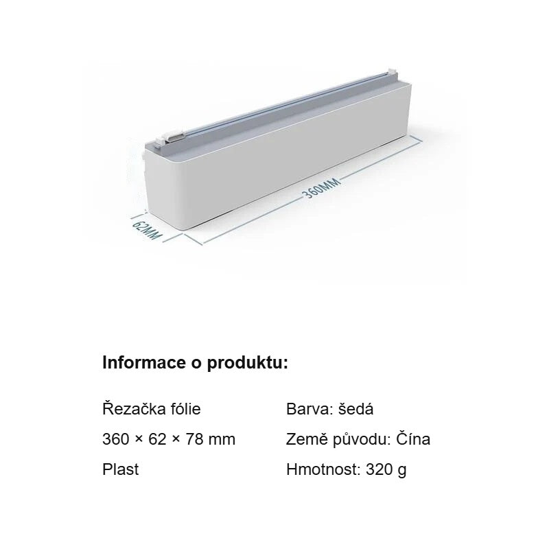 Informace o řezačce fólie: 360 × 62 × 78 mm, 320 g, šedá
