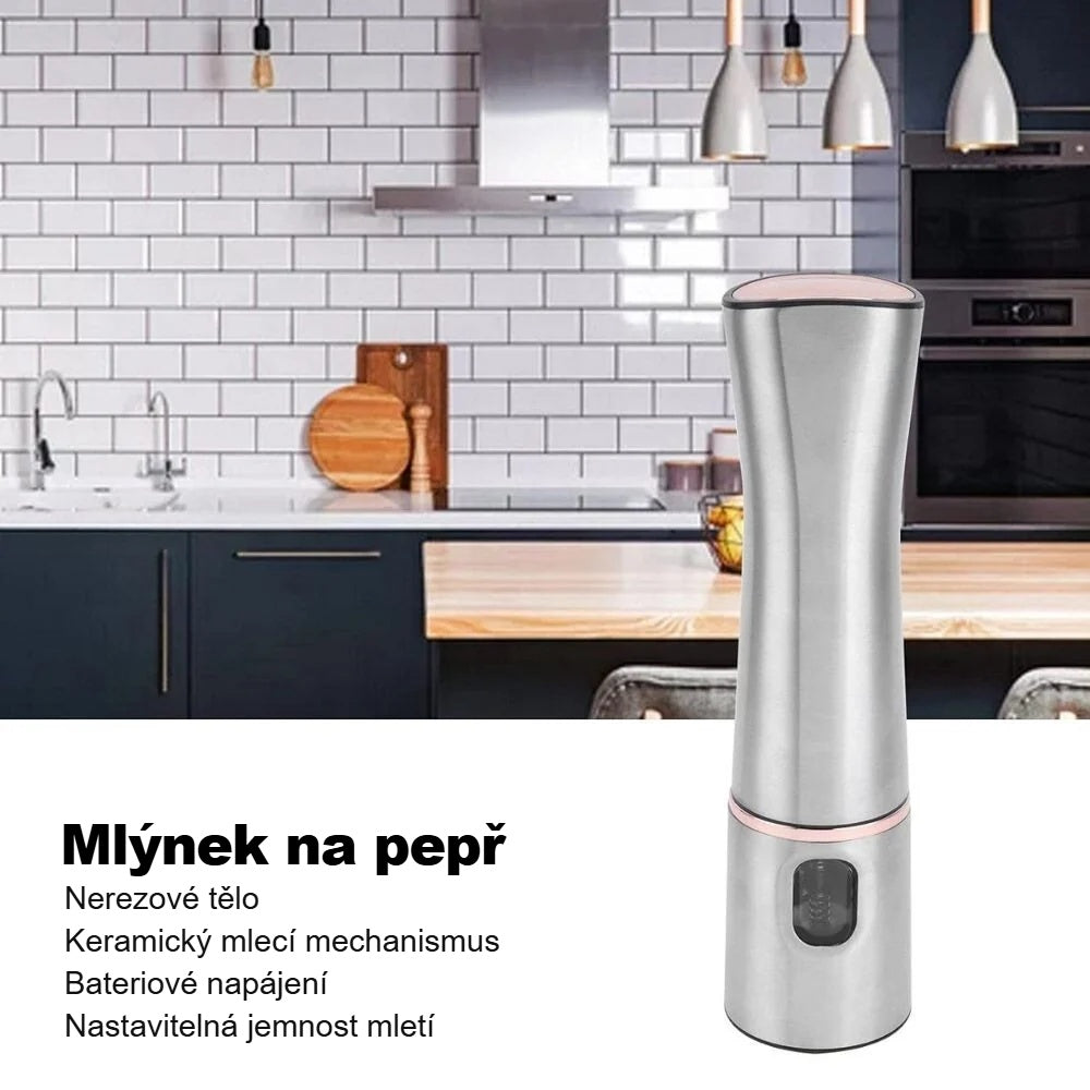 Elektrický mlýnek na pepř a sůl na kuchyňské lince s hlavními vlastnostmi