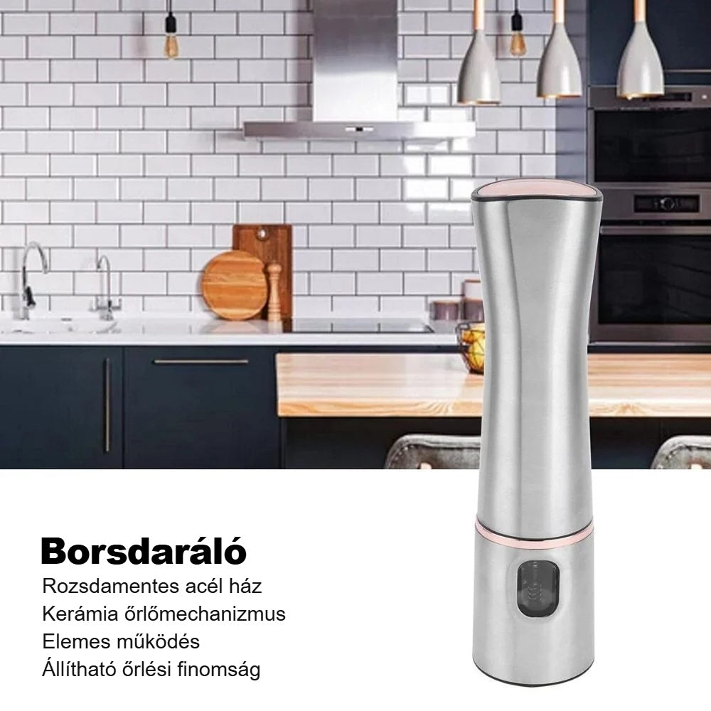 Elektromos bors- és sódaráló a konyhapulton, a főbb jellemzők felsorolásával