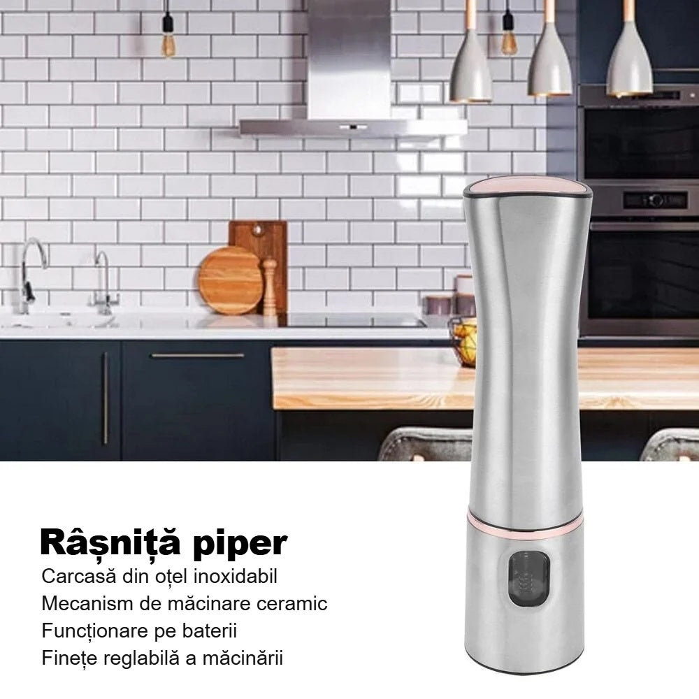 Râșniță electrică pentru piper și sare pe blatul bucătăriei, cu principalele caracteristici