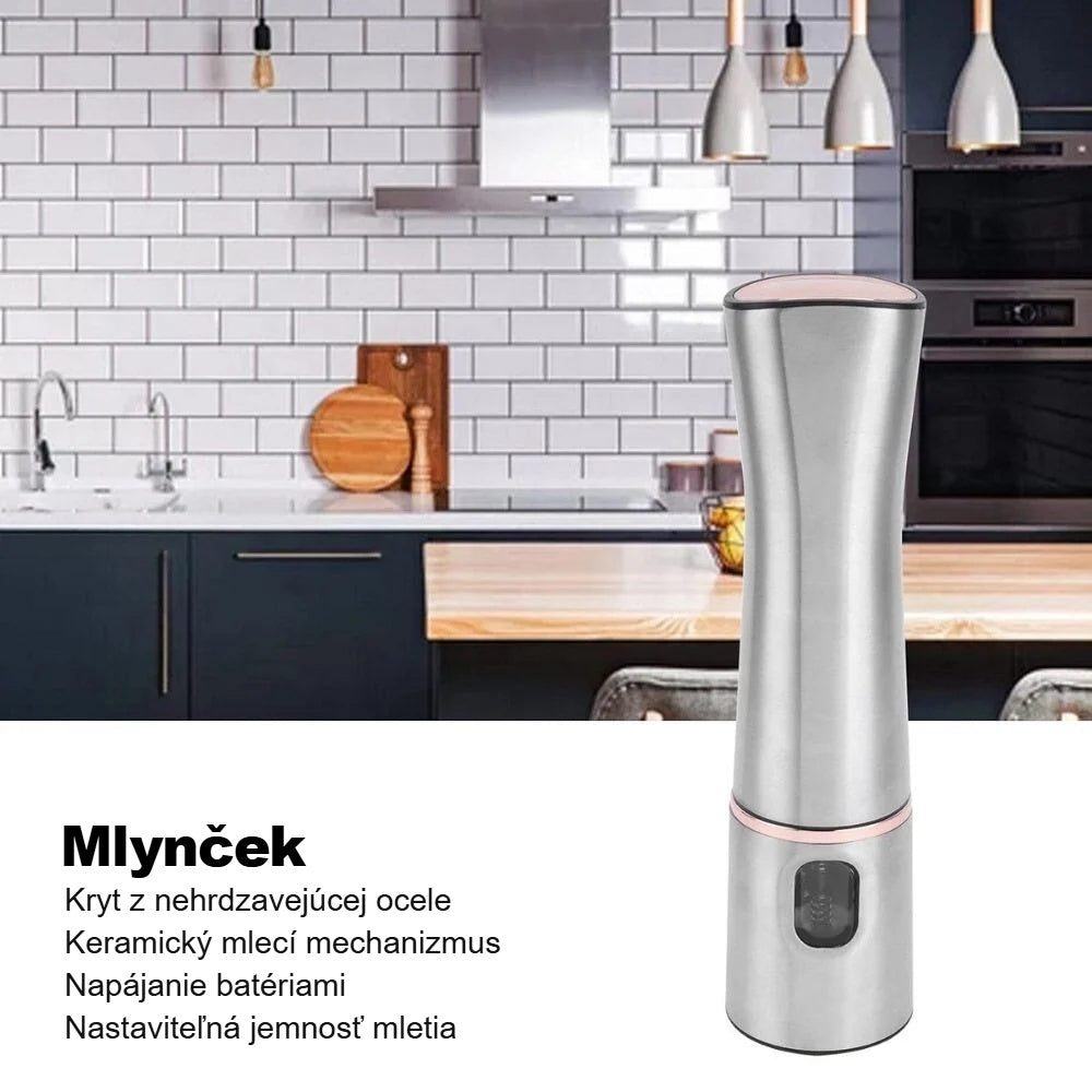 Elektrický mlynček na korenie a soľ na kuchynskej linke so zoznamom hlavných vlastností