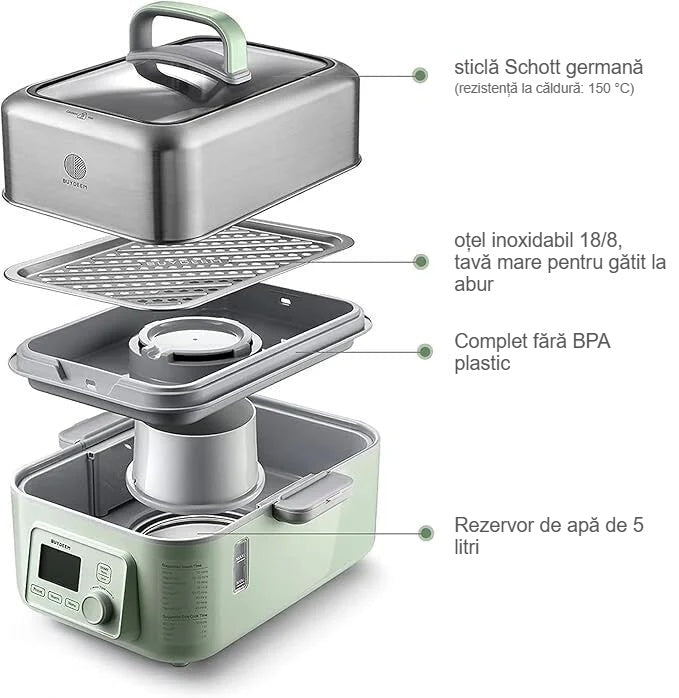 Componentele aparatului: capac, grătar inox pentru abur, vase, rezervor de apă