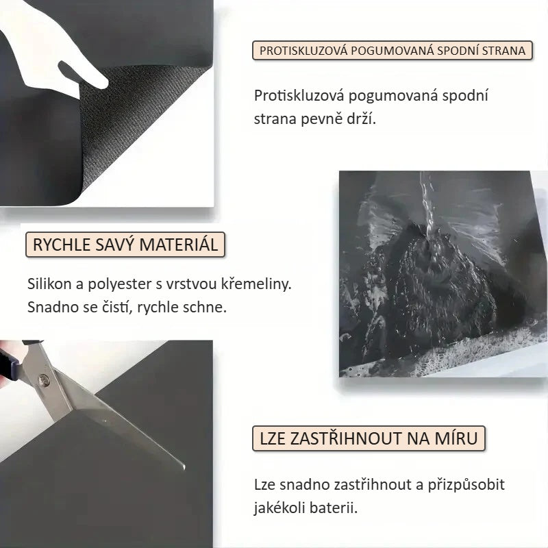 Protiskluzová pogumovaná spodní strana podložky pod baterii, povrch a zastřižení