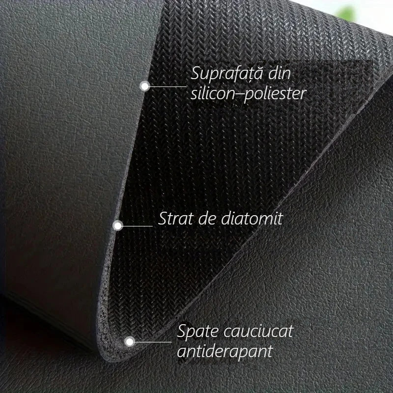 Straturile covorașului: strat superior absorbant, strat cu diatomit, cauciuc antiderapant