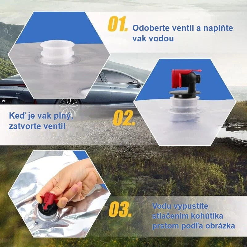 Použitie vaku na vodu: plnenie, zatvorenie, vypúšťanie vody kohútikom