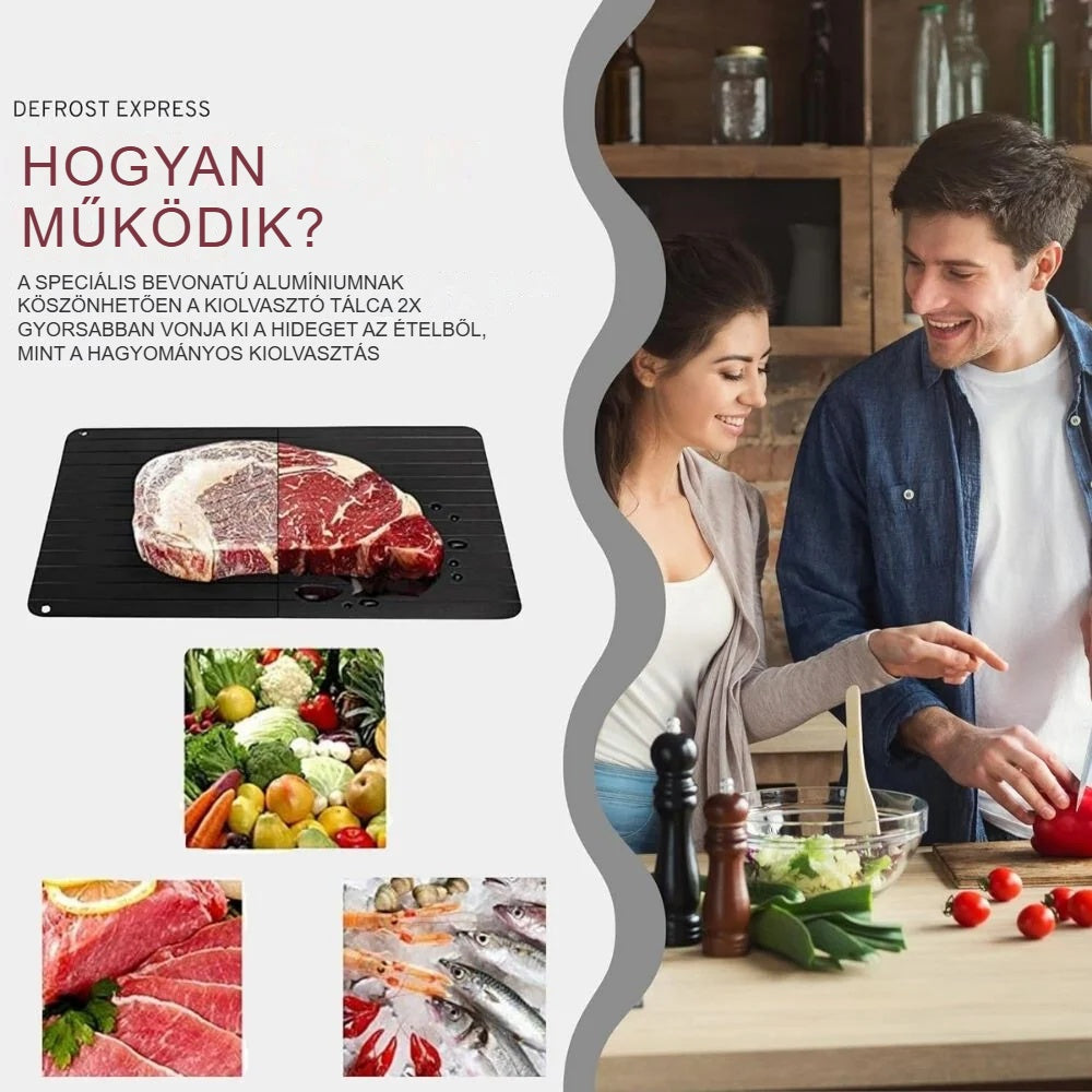 Kiolvasztó tálca működése: pár a konyhában, hús a tálcán