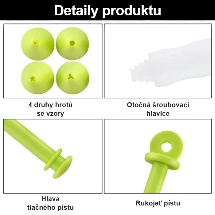 Části zdobicího pera: zdobicí špičky, tlačná hlavice a tělo