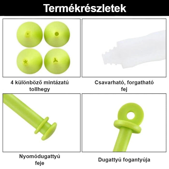 Tortadíszítő toll részei: díszítőcsőrök, nyomófej és tartócső