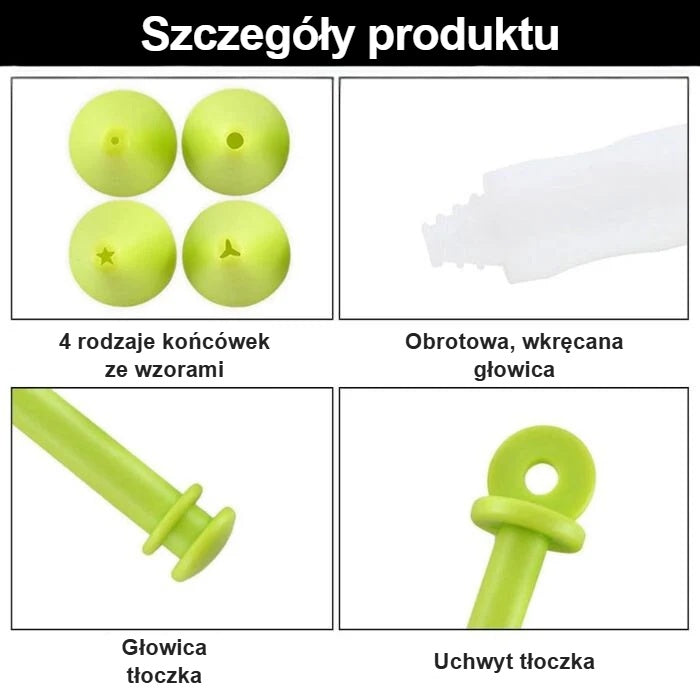 Części pisaka cukierniczego: końcówki dekoracyjne, główka do wyciskania i tuba