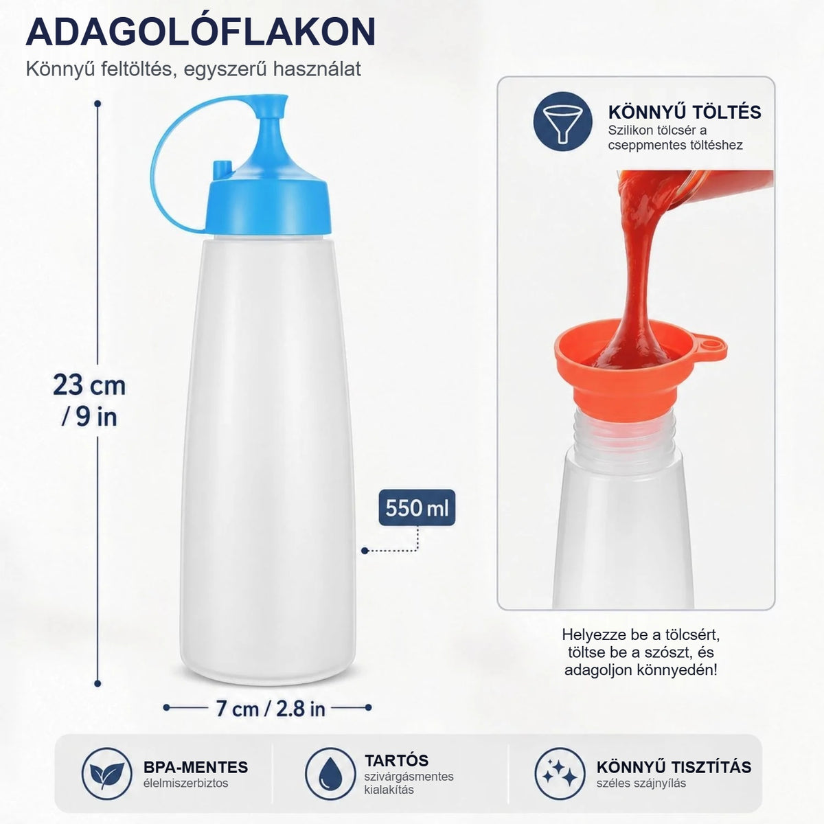 Szószos flakon méretei: 23 cm magas, 550 ml, töltés szilikon tölcsérrel