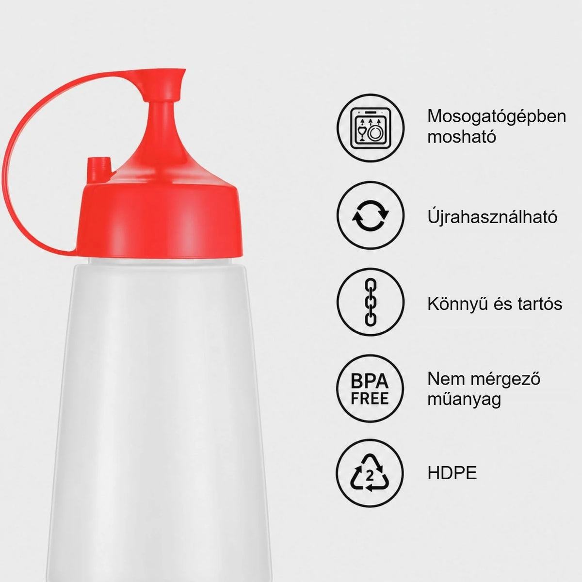 Adagoló flakon tulajdonságai: mosogatógépben mosható, BPA-mentes HDPE műanyag