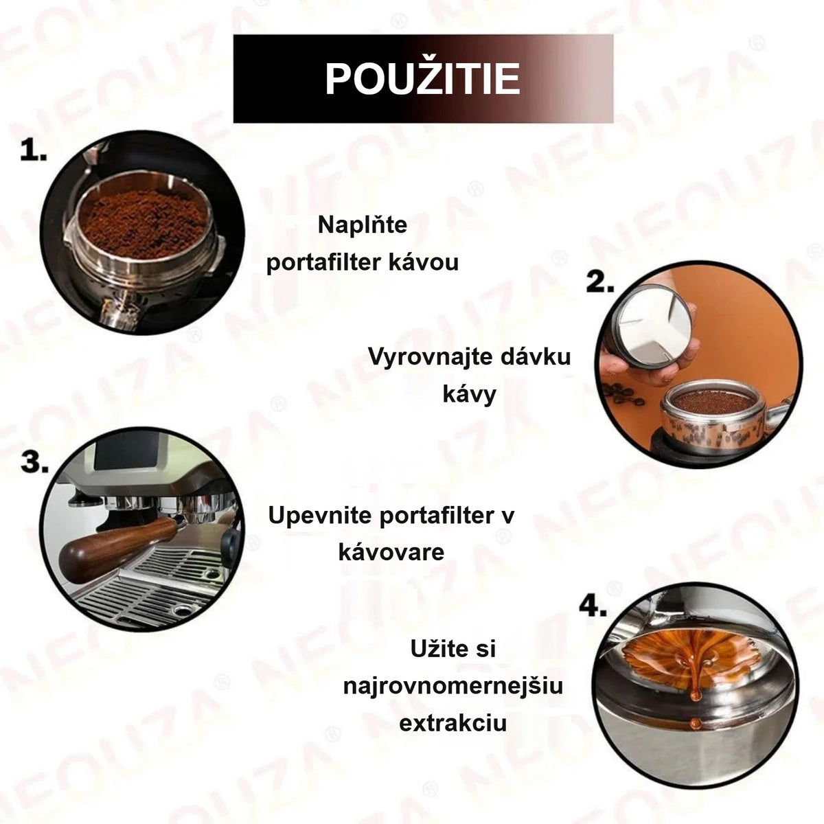 Použitie bezodného portafiltra v 4 krokoch od naplnenia po extrakciu