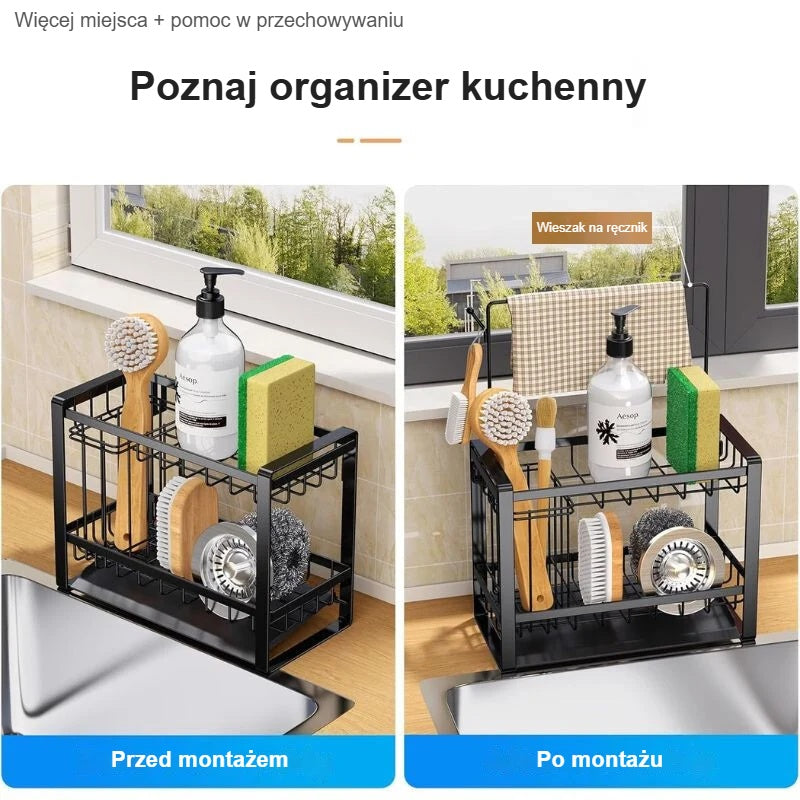 Stojak na gąbki przed i po montażu