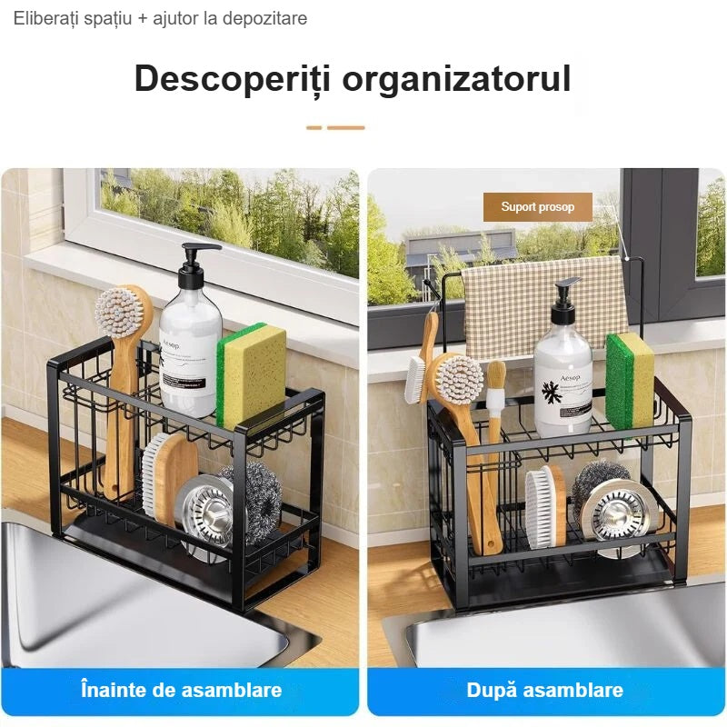 Suport pentru bureți de vase înainte și după asamblare