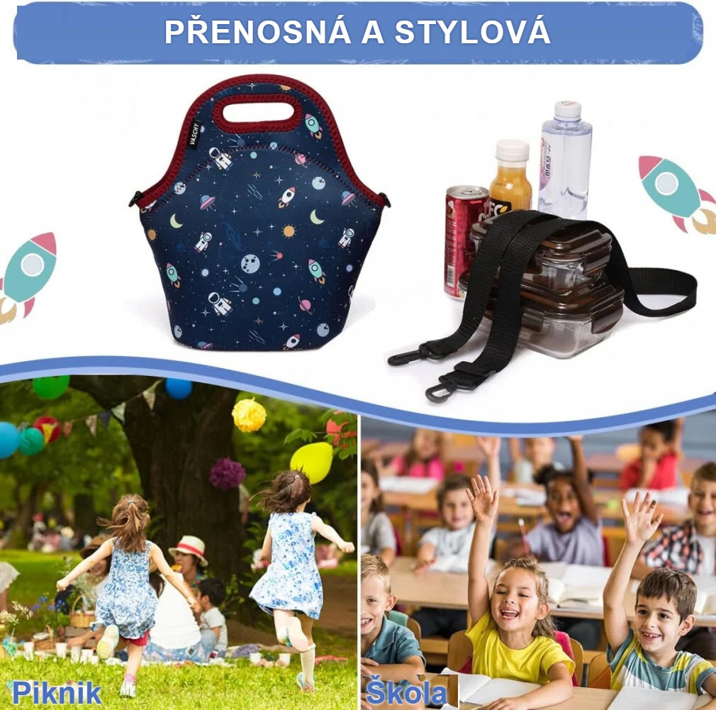 Děti na pikniku a ve škole s taškou na svačinu s astronauty