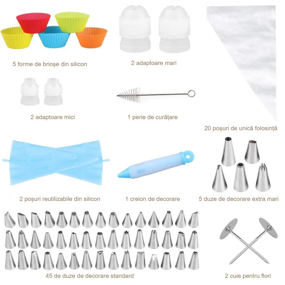Conținutul setului de decorare: forme de brioșe, adaptoare, perie, poșuri, creion, duze și cuie pentru flori