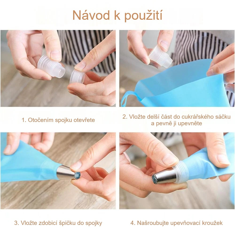 Nasazení zdobicí špičky na cukrářský sáček se spojkou ve 4 krocích