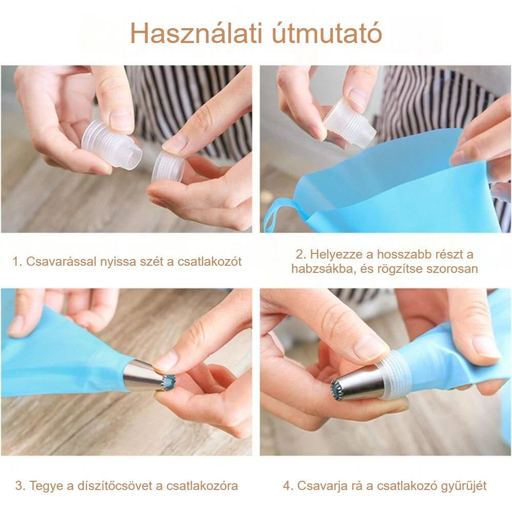 Díszítőcső felhelyezése a habzsákra csatlakozóval, 4 lépésben