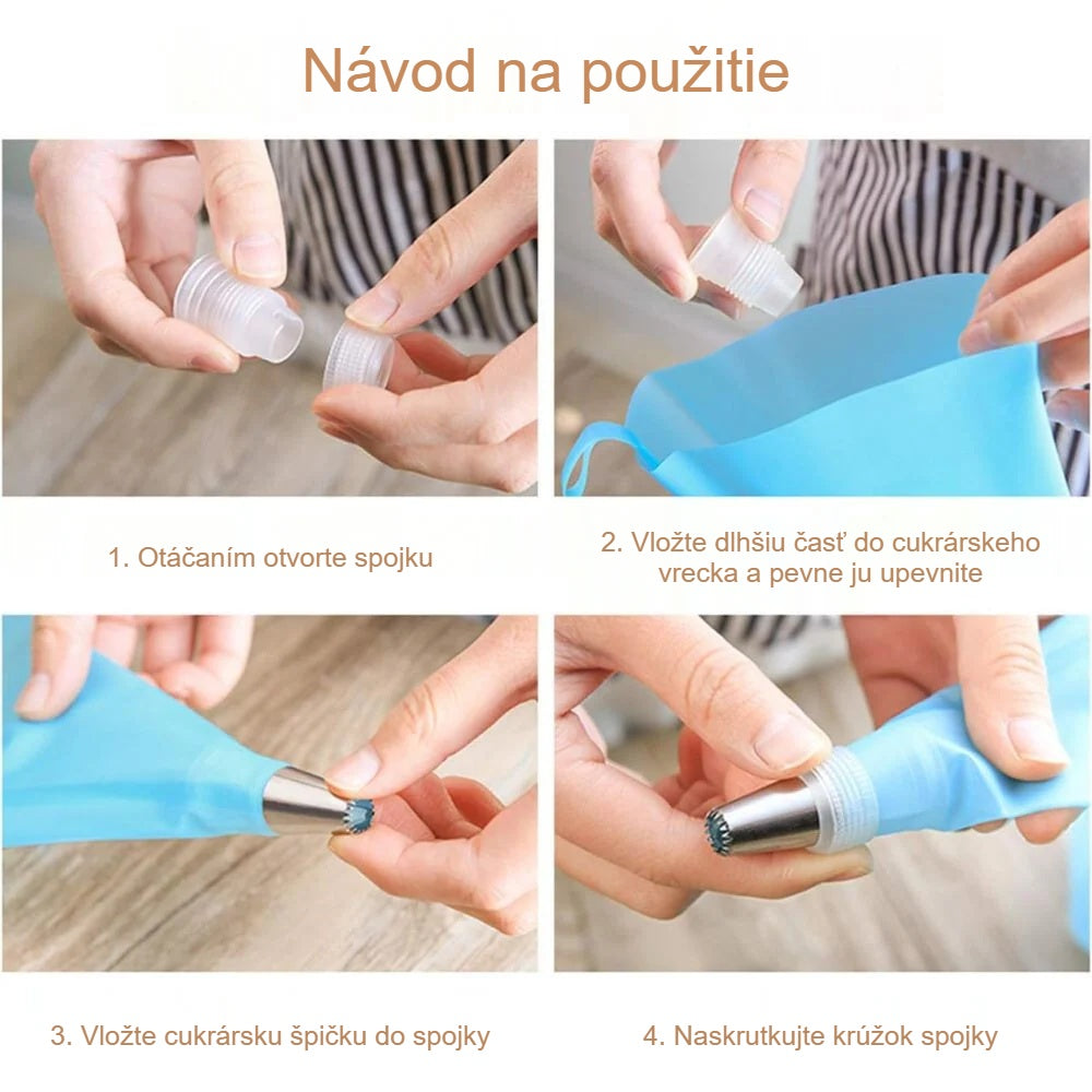 Nasadenie cukrárskej špičky na vrecko pomocou spojky v 4 krokoch