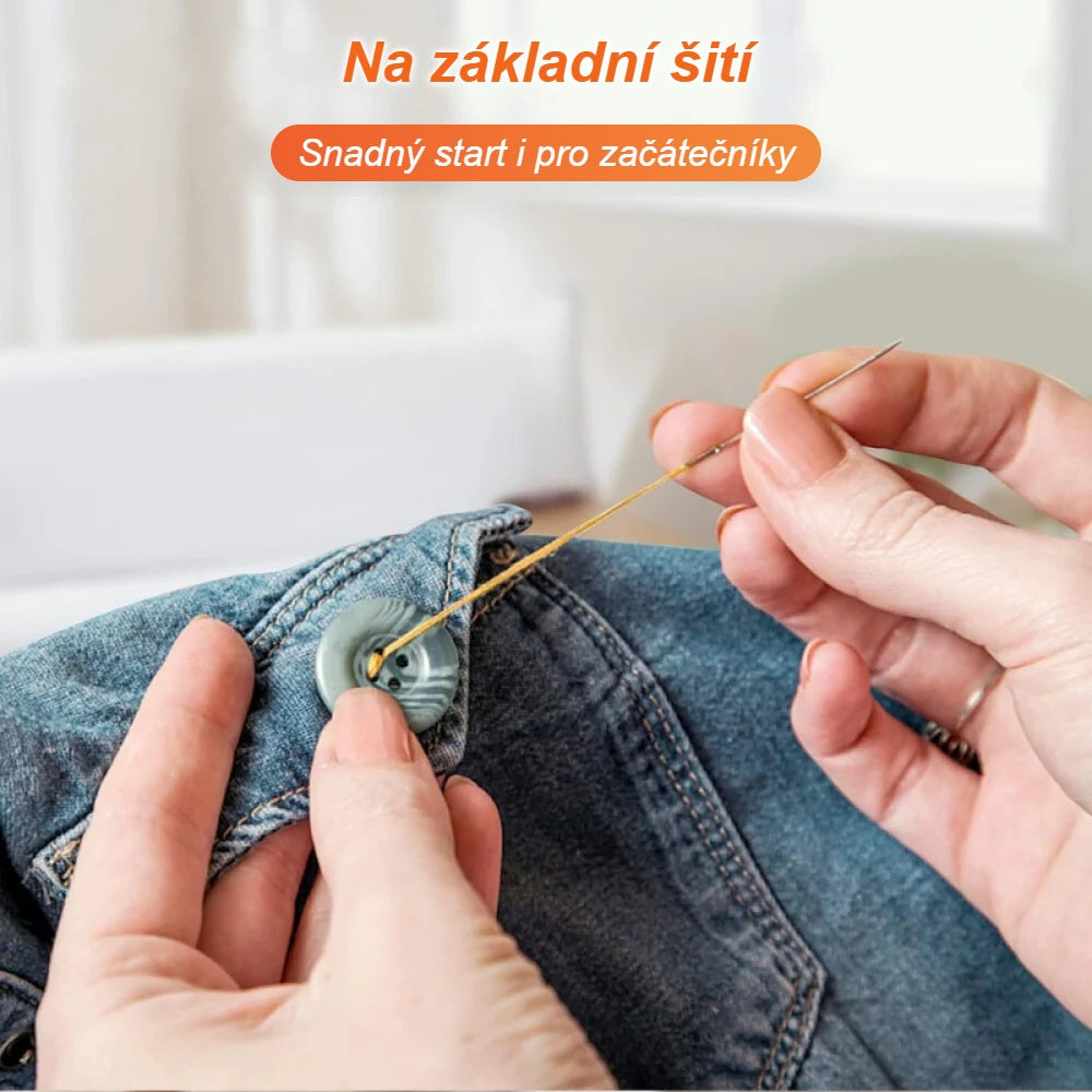 Přišívání knoflíku na džíny jehlou ze šicí sady