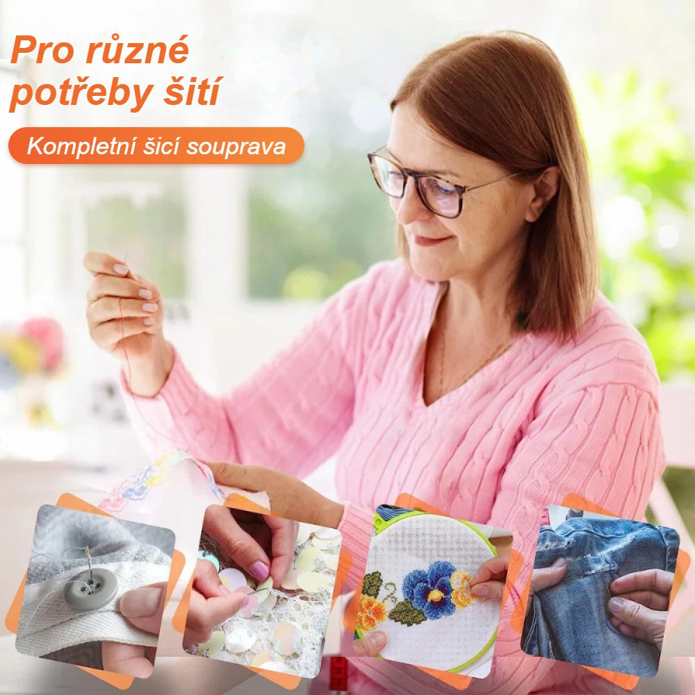 Žena u stolu s nástroji ze šicí sady