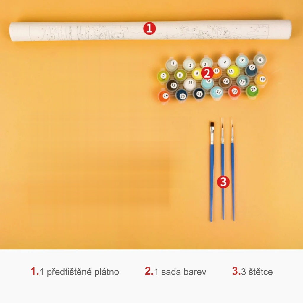 Obsah sady malování podle čísel: plátno, barvy, 3 štětce, malá předloha a kontrolní list
