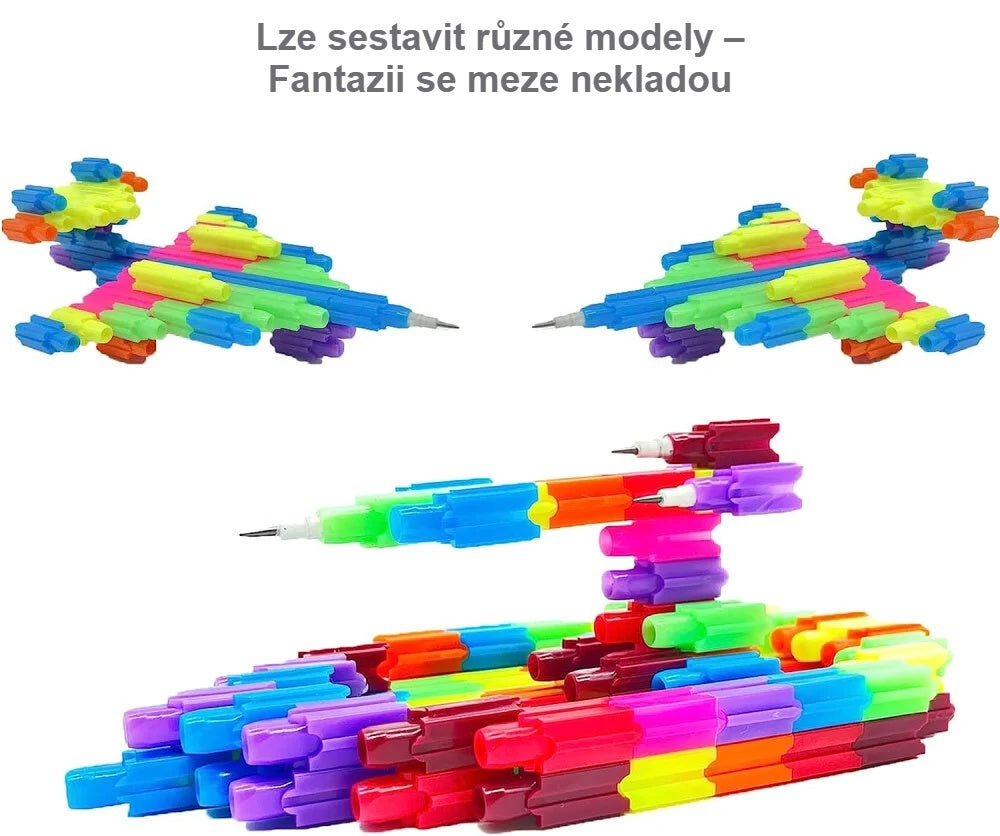 Letadla a loď postavené z dílků pastelek