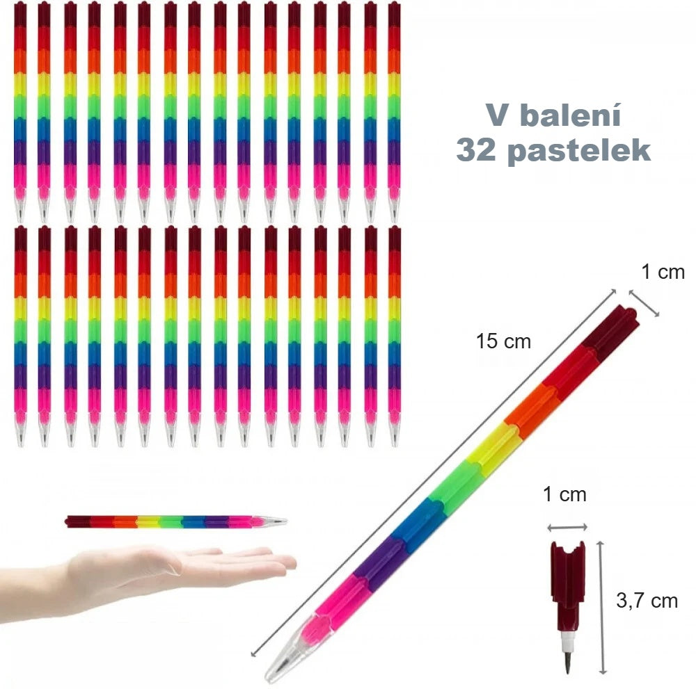 Sada 32 pastelek, jedna pastelka je dlouhá 15 cm a má průměr 1 cm