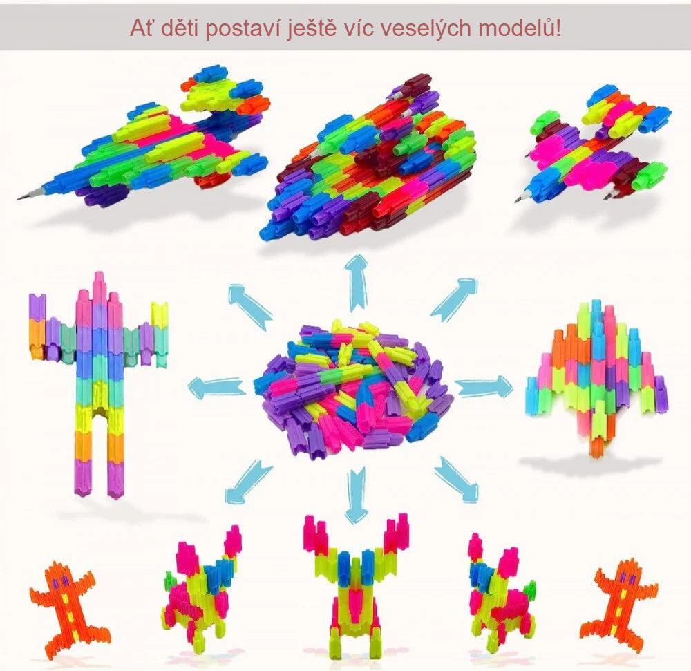 Barevné modely z dílků pastelek: letadla, roboti, figurky