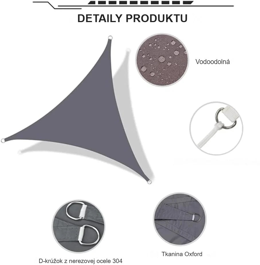 Detaily tieniacej plachty: vodoodolná tkanina, oceľový D-krúžok, materiál Oxford