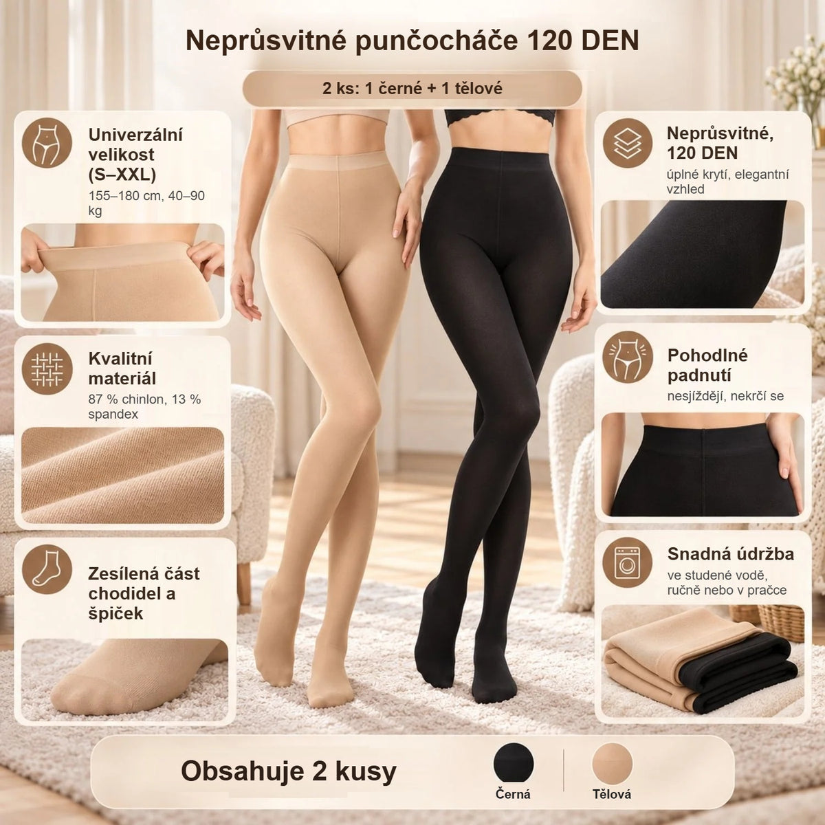 Neprůsvitné punčocháče 120 DEN, 2 ks černé a tělové, s vlastnostmi