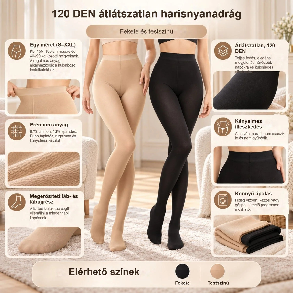 Női harisnyanadrág 120 DEN tulajdonságai: egy méret, puha anyag, megerősített lábujjrész