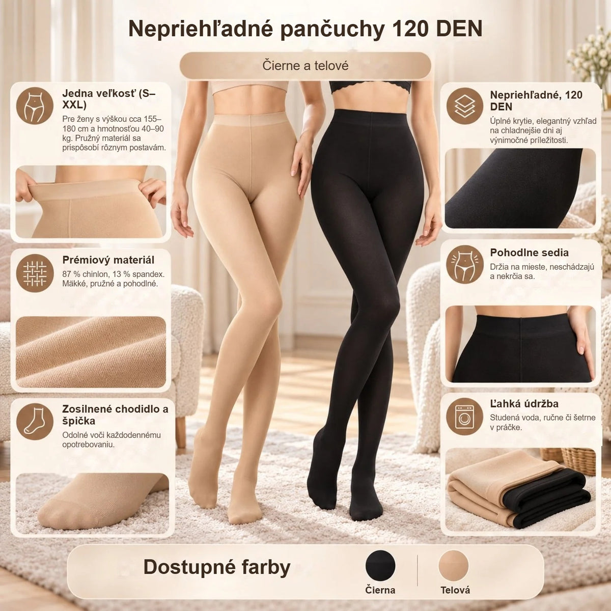 Vlastnosti pančuchových nohavíc 120 DEN: jedna veľkosť, mäkký materiál, zosilnená špička