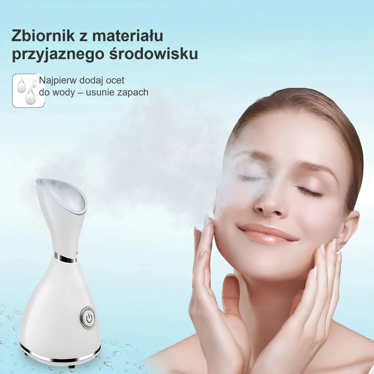 Zbiornik na wodę parownicy do twarzy, obok twarz kobiety w parze
