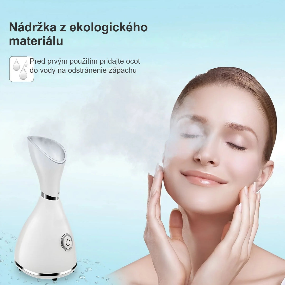 Nádržka na vodu naparovača tváre, vedľa tvár ženy v pare