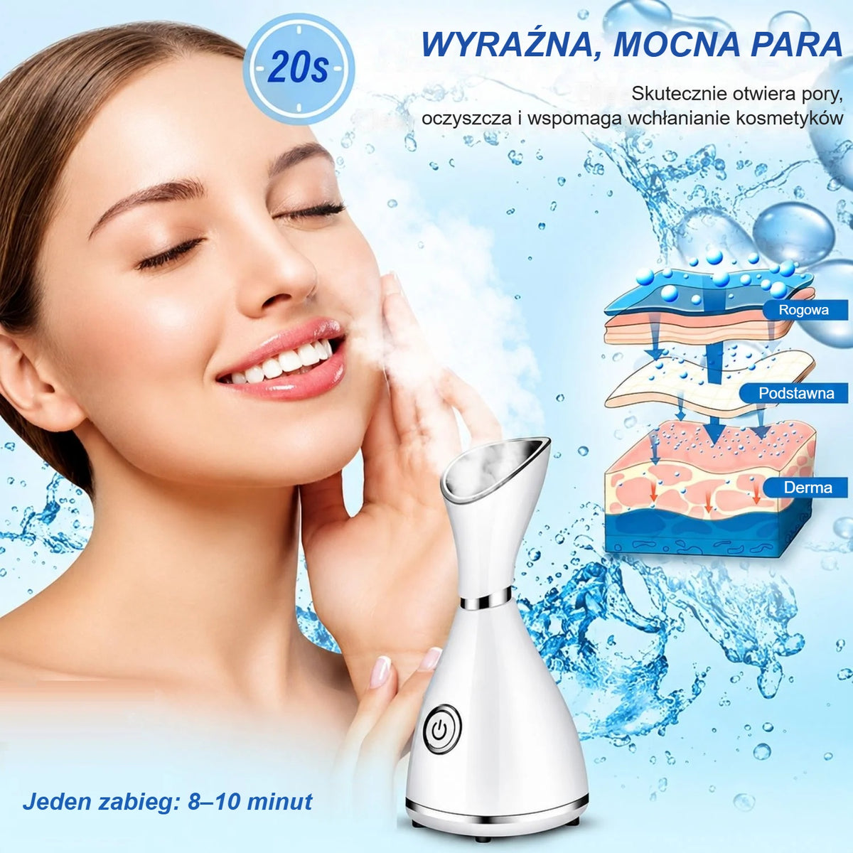 Kobieta korzysta z mocnej, dobrze widocznej pary parownicy do twarzy