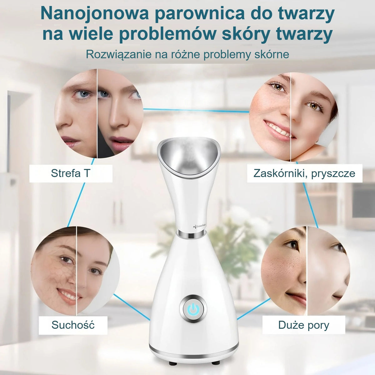 Nanojonowa parownica do twarzy na różne problemy skóry: tłusta strefa T, zaskórniki, sucha skóra, rozszerzone pory