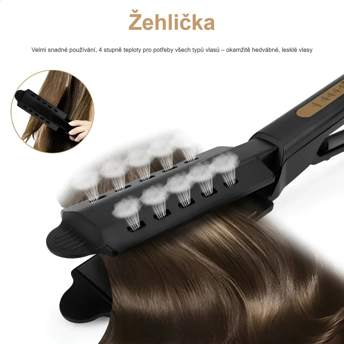 Žehlička na vlnitých vlasech, široké keramické desky zblízka