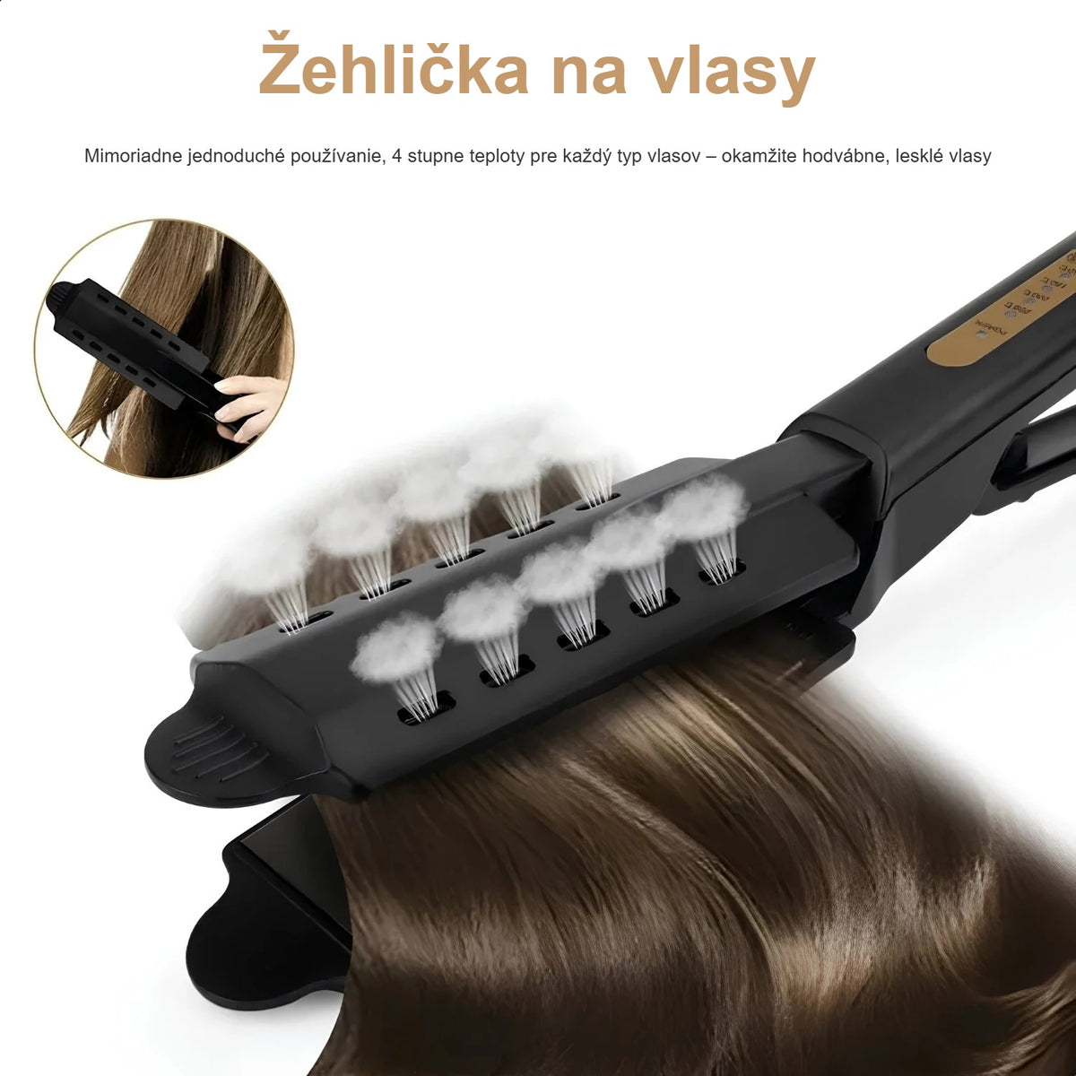 Žehlička na vlnitých vlasoch, široké keramické doštičky zblízka