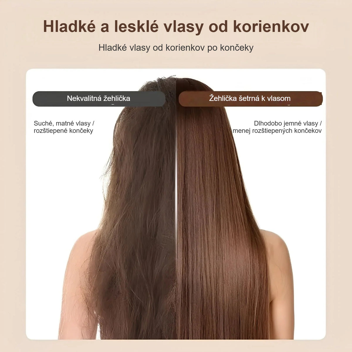 Vlasy vyhladené žehličkou od korienkov, pred a po