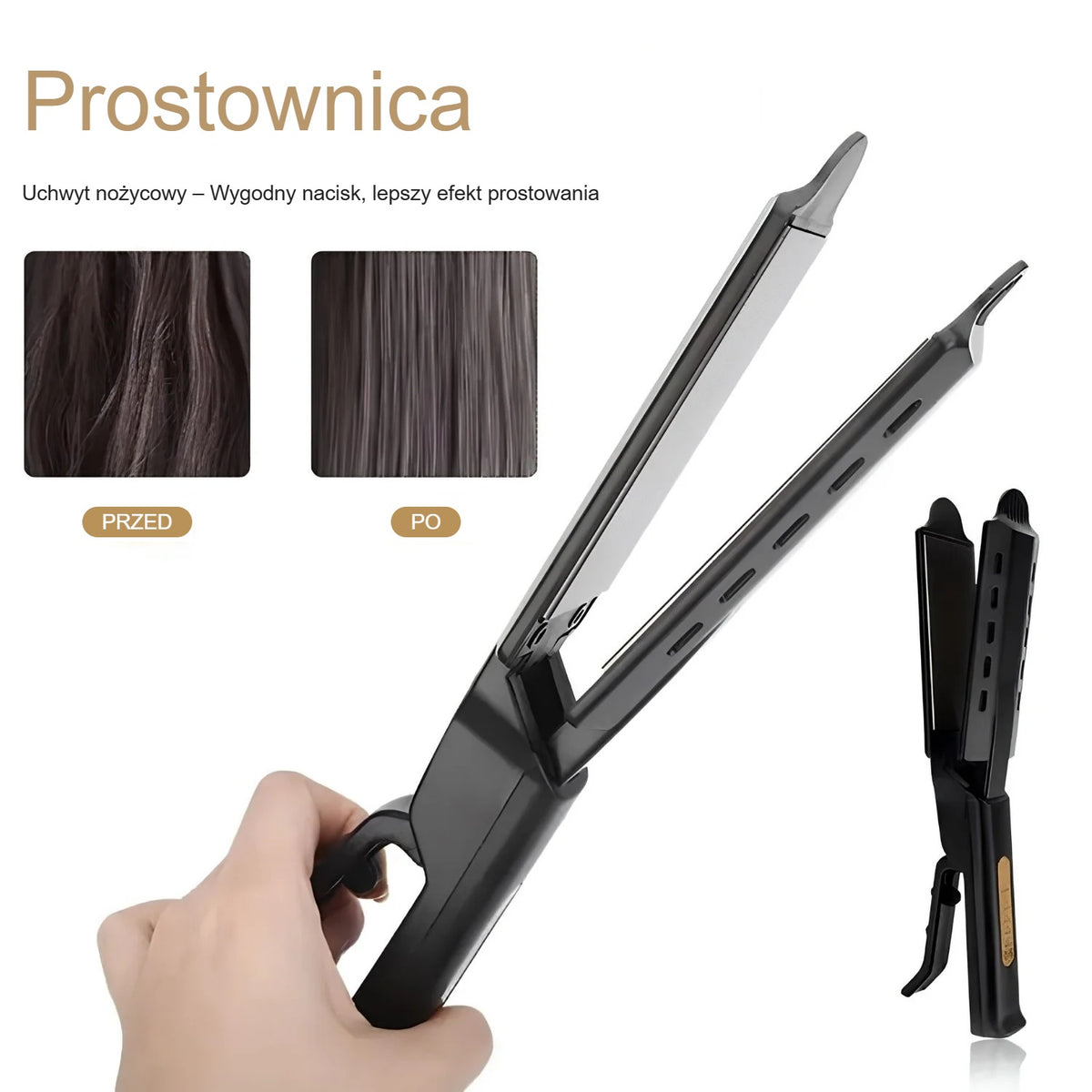 Prostownica w dłoni, porównanie prostych i kręconych włosów