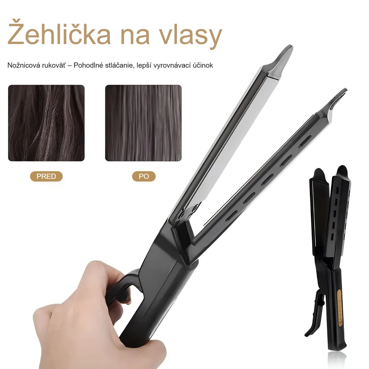 Žehlička na vlasy v ruke, porovnanie rovných a kučeravých vlasov