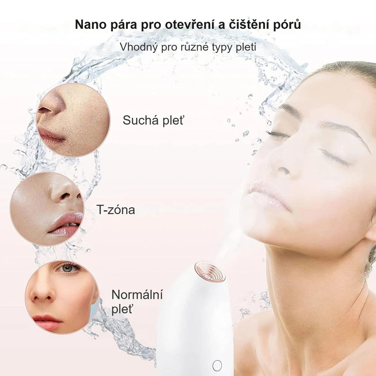 Napařovač obličeje s nano párou pro různé typy pleti, detail ženské tváře