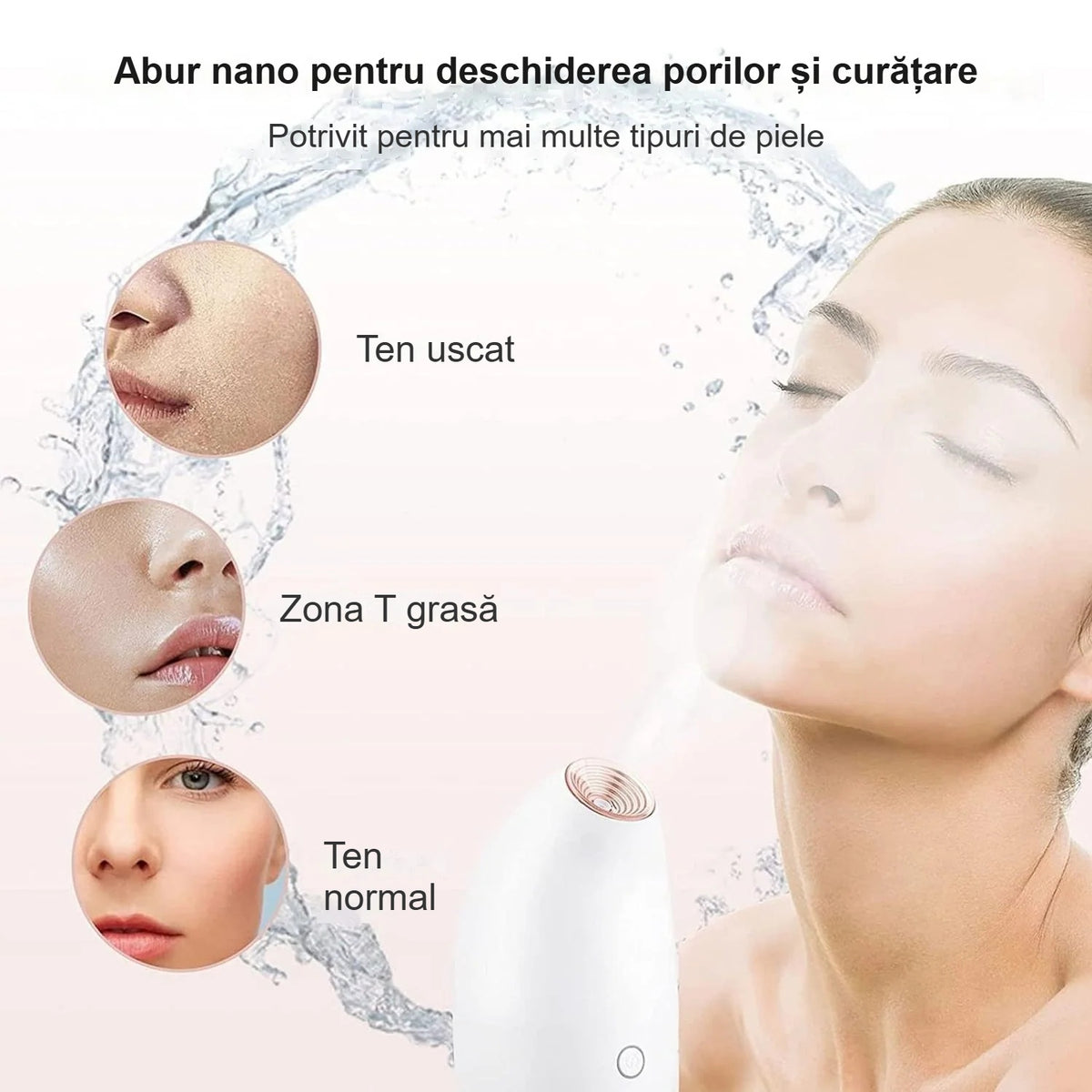 Aparat de aburi facial nano pentru mai multe tipuri de ten, chip de femeie de aproape