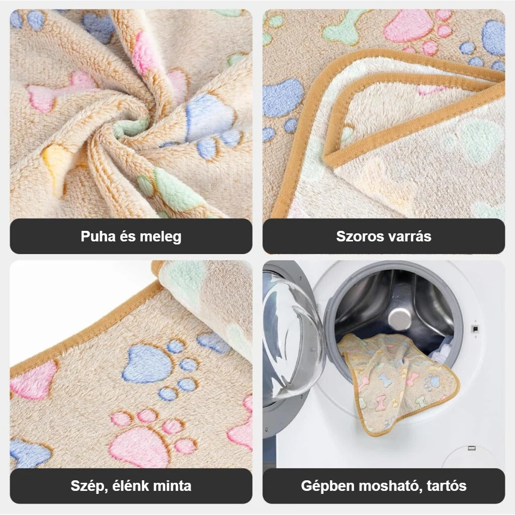Polár kutyatakaró jellemzői: puha, szoros varrás, mancsminta, gépben mosható