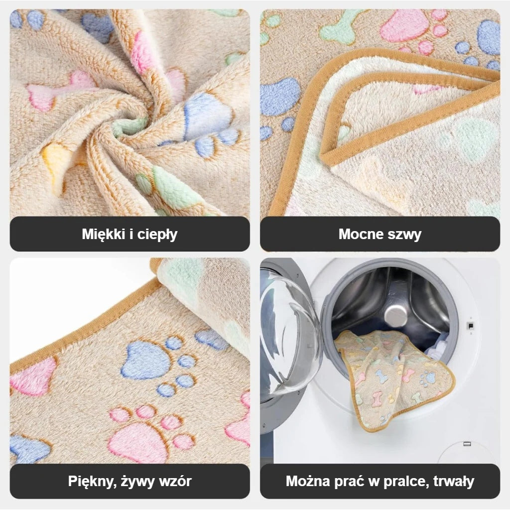 Cechy polarowego koca dla psa: miękki, mocne szwy, wzór łapek, do prania w pralce