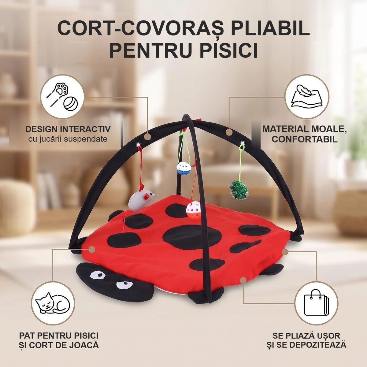 Caracteristicile cortului-covoraș de joacă pliabil pentru pisici, pe o schemă