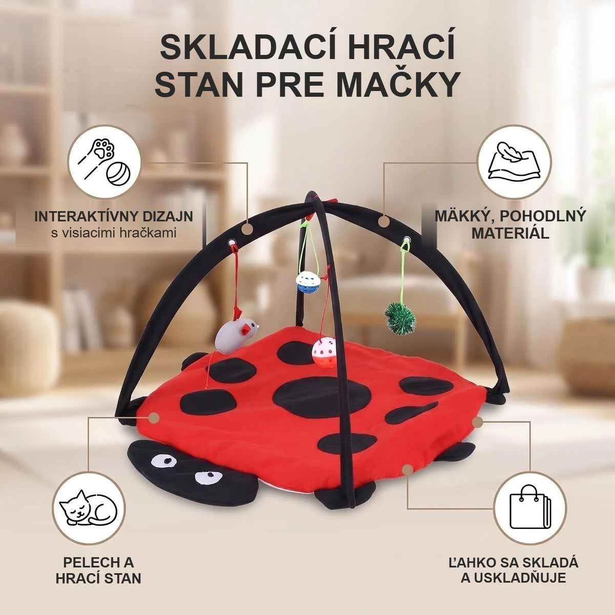 Vlastnosti skladacieho hracieho stanu pre mačky na obrázku